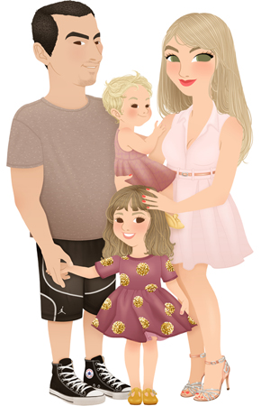 Anna Lubinski - Illustration - Family portrait - Cartoon portrait - Character design - A cute couple with their two little girls. The dad is wearing plain taupe tee shirt, basketball shorts and classical converse. The mom is blond hair, she is wearing light pink dress and rose gold details: glittery shoes and belt. The baby girl is wearing a pink dress and yellow baby shoes. The biggest girl is wearing a purple dress with glittery dots and she wears yellow shoes.