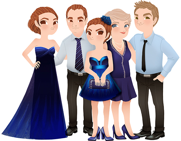 Anna Lubinski - Illustration - Family portrait - Cartoon portrait - Character design - Family Portrait in blue tones. Women are wearing blue dresses and men are wearing shirts and ties. They are classy dressed.