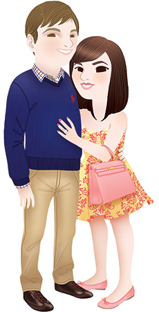 Anna Lubinski - Illustration - Family portrait - Cartoon portrait - Character design - Couple portrait. The man is wearing a blue Ralph Lauren pullover, a shirt, a beige trousers and brown shoes. The woman wears a yellow and pink dress, pink ballerina shoes and a pink Kelly bag by Hermes.