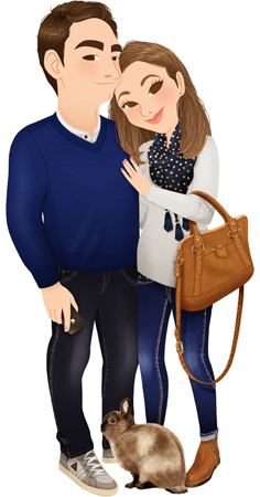 Anna Lubinski - Illustration - Family portrait - Cartoon portrait - Character design - A cute couple with their siamese sable rabbit. The man is wearing raw denim jeans, blue sweater, grey sneakers and holds a black iPhone in his hand. The woman has marine blue scarf with gold details, a heather grey sweater with stars on elbows, blue jeans, brown suede boots with glitter details and a brown suede bag with also gold details. 