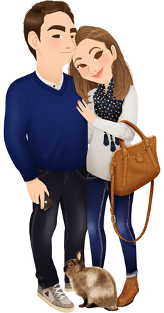 Anna Lubinski - Illustration - Family portrait - Cartoon portrait - Character design - A cute couple with their siamese sable rabbit. The man is wearing raw denim jeans, blue sweater, grey sneakers and holds a black iPhone in his hand. The woman has marine blue scarf with gold details, a heather grey sweater with stars on elbows, blue jeans, brown suede boots with glitter details and a brown suede bag with also gold details.