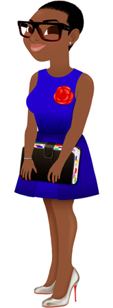 Anna Lubinski - Illustration - Personnalized portrait - Cartoon portrait - Character design - A beautiful black woman, with short hair cut, wears blue dress, with a red camelia brooch, oversize glasses, she wears louboutin shoes and she holds an organizer.