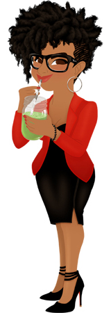 Anna Lubinski - Illustration - Personnalized portrait - Cartoon portrait - Character design - A beautiful black woman, with short hair and a mohawk hair cut, she has Ray Ban glasses, she wears a black dress with a red jacket on it, she wears black high heels and she drinks a green smoothie in a mason jar.