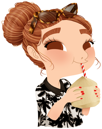 Anna Lubinski - Illustration - Cartoon portrait - Character design - Summer essentials - She is drinking young coconut water. She is wearing a shirt with a palms pattern and tortoise shell sunglasses. Her hair are in a bun.
