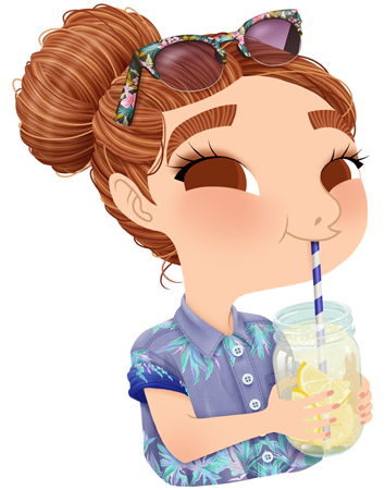 Anna Lubinski - Illustration - Cartoon portrait - Character design - Summer essentials - She is drinking lemon infused water. She is wearing a jean shirt with palms/tropical pattern and liberty/tropical sunglasses. Her hair are in a bun.