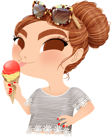 Anna Lubinski - Illustration - Cartoon portrait - Character design - Summer essentials - She is eating an handcrafted ice cream. She is wearing a sailor tee-shirt with striped pattern and tortoise shell sunglasses. Her hair are in a bun.