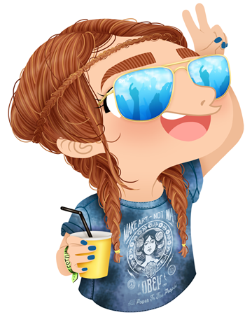 Anna Lubinski - Illustration - Cartoon portrait - Character design - Summer essentials - She is at a summer music festival. She drinks in a yellow cup with a black drinking straw. She is wearing a blue, tie and dye, Obey's tee shirt. She is wearing reflective Aviator Ray-Ban's glasses. She has a fluorescent wrist band. She is doing a peace sign. She has kind of hippie hair style: two braids and a mini braid on her forehead.