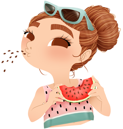 Anna Lubinski - Illustration - Cartoon portrait - Character design - Summer essentials - She is eating a watermelon. She is wearing a watermelon printed tank top and blue sunglasses. Her hair are in a bun.