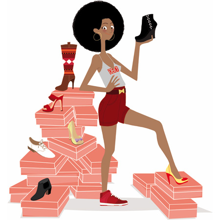 Anna Lubinski - Illustration - Cartoon portrait - Character design - A girl with a lot of shoes boxes, illustration in red tones. She has an afro cut. 