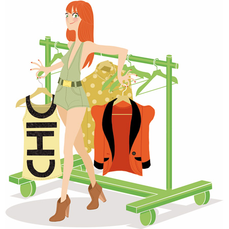 Anna Lubinski - Illustration - Cartoon portrait - Character design - Clothes rack, hanger, clothes, red hair girl in a green combishort.
